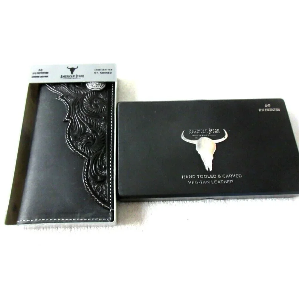 American Bison Men's Buffalo Nickel Concho Rodeo Black Leather Wallet NEW